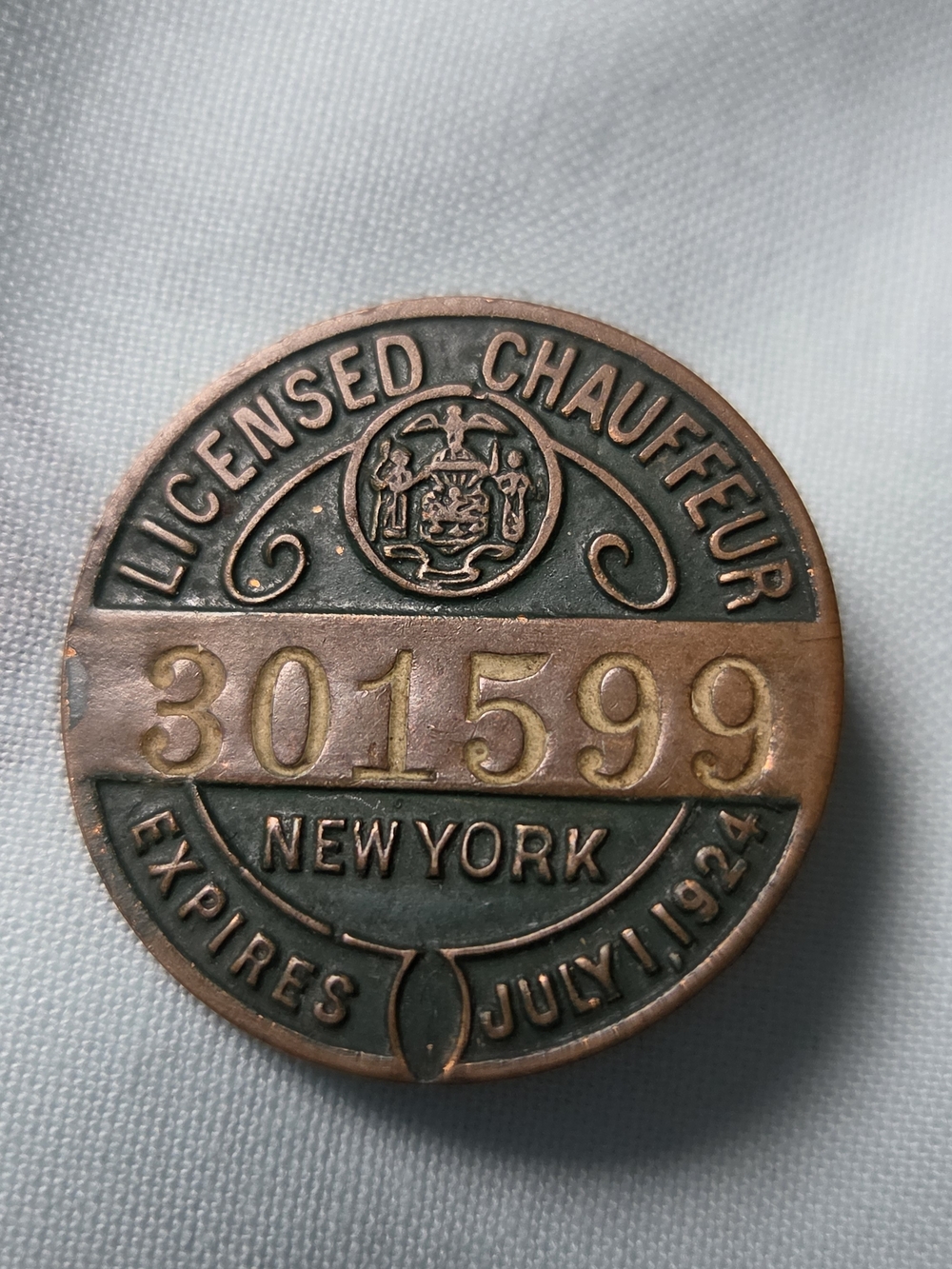 New York 1924 Vintage Licensed Chauffeur Badge - Copper and Dark Green #cb2